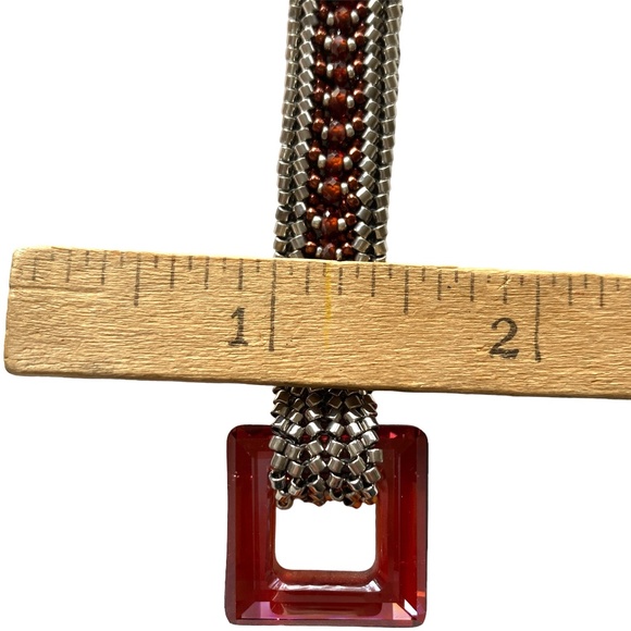 bracelet 7" strand glass seed beads handmade w/square glass clasp silver red - Picture 13 of 16
